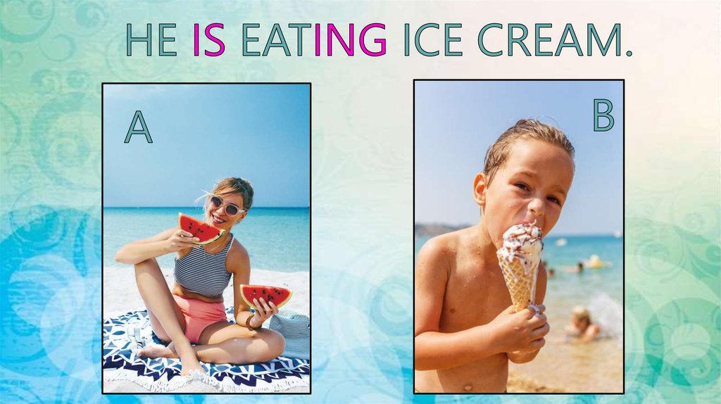 HE IS EATING ICE CREAM.