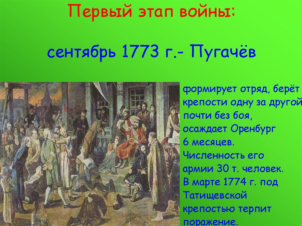5 октября 1773. Первый этап войны Пугачева. Восстание Емельяна Пугачева. Этапы 1 этап сентябрь 1773.