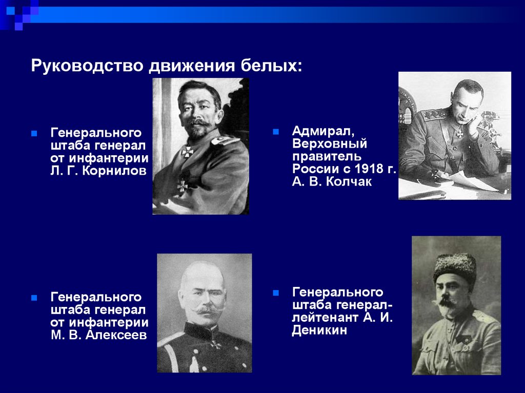 Движение под руководством. Предводители белого движения Гражданская война. Командующий белых в гражданской войне. Лидеры белой армии 1917. Руководители белой армии в гражданской войне.