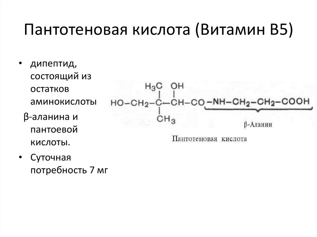 Фолиевая кислота пантотеновая кислота и биотин. Витамин в3 пантотеновая кислота формула. Витамин b5 структурная формула.