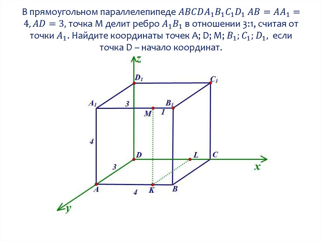 В прямоугольном параллелепипеде ABCDA_1 B_1 C_1 D_1 AB=AA_1=4, AD=3, точка М делит ребро A_1 B_1 в отношении 3:1, считая от