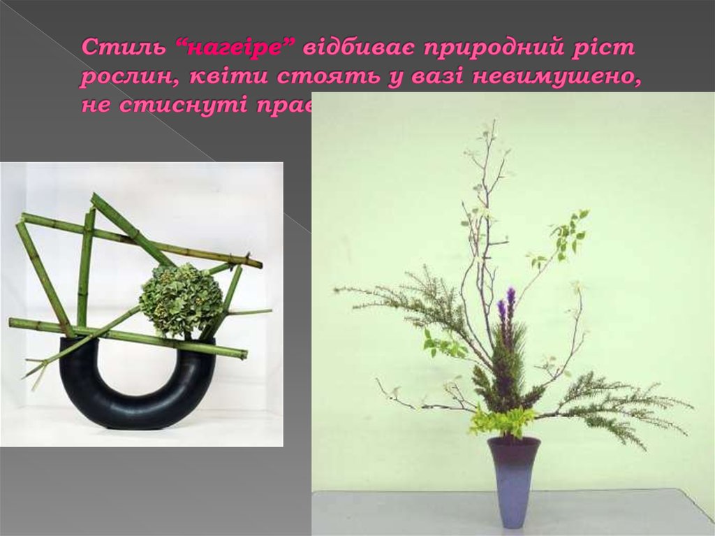 Стиль “нагеіре” відбиває природний ріст рослин, квіти стоять у вазі невимушено, не стиснуті правилами.