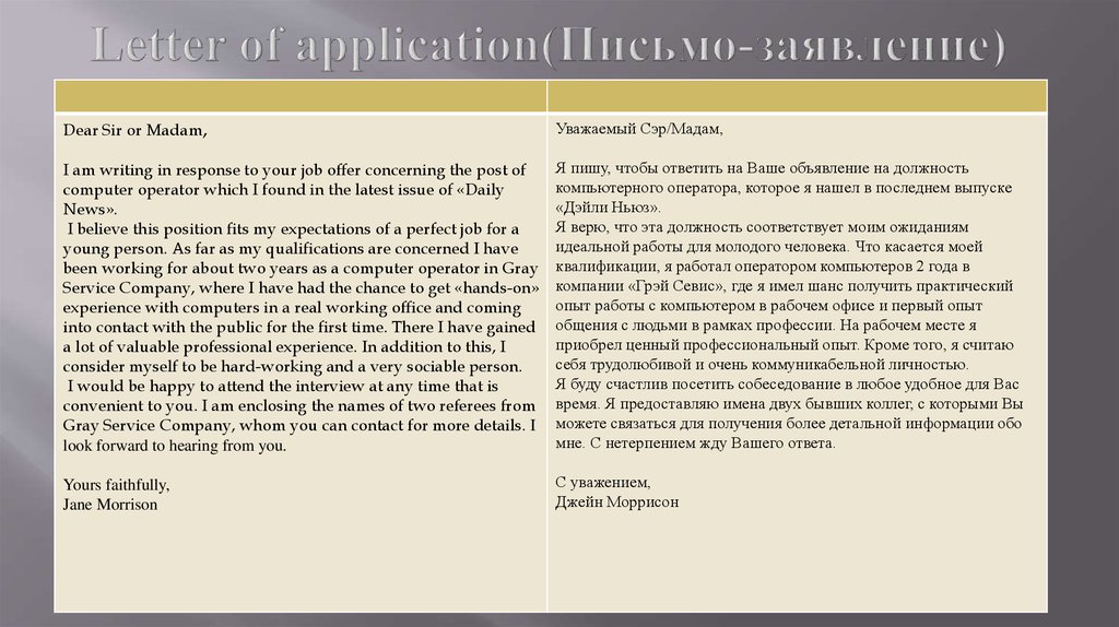 Letter of application(Письмо-заявление)