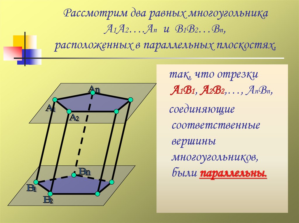 Два равных многоугольника. Понятие многогранника Призма. Параллельные плоскости в призме. Призма многоугольники а1а2. Понятия многоугольника. Призма.