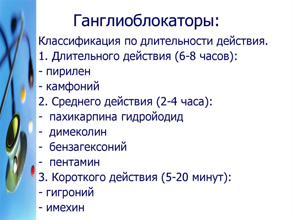 Действие капель. Ганглиоблокаторы препараты классификация. Ганглиоблокаторы длительного действия препараты. Классификация ганглиоблокаторов по химическому строению. Ганглиоблокаторы длительного действия 2-3 часа.