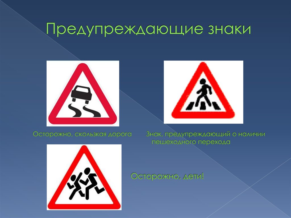 Предупреждающие знаки Осторожно, скользкая дорога Знак, предупреждающий о наличии пешеходного перехода Осторожно, дети!