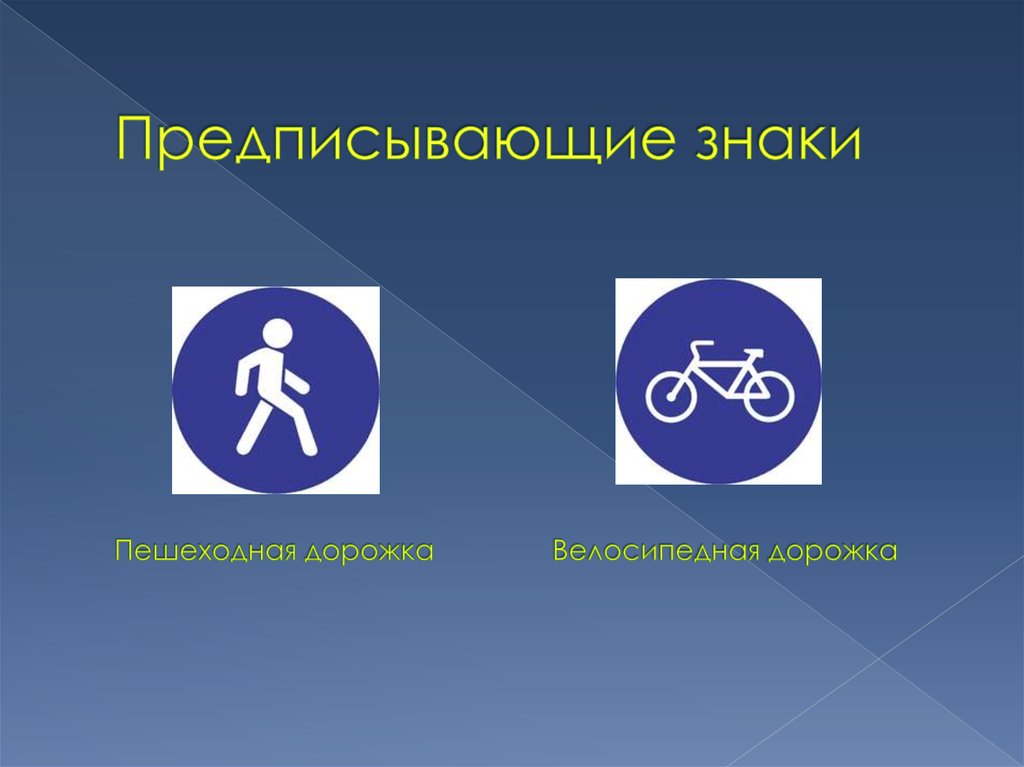 Предписывающие знаки Пешеходная дорожка Велосипедная дорожка