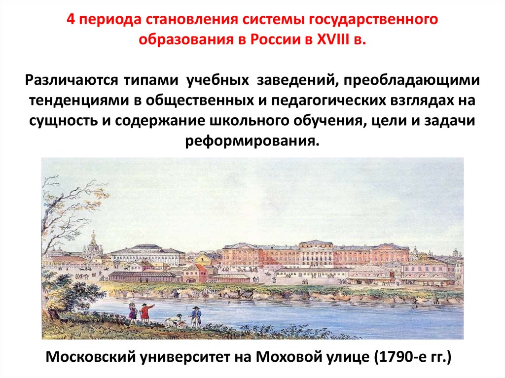 4 периода становления системы государственного образования в России в XVIII в. Различаются типами учебных заведений,