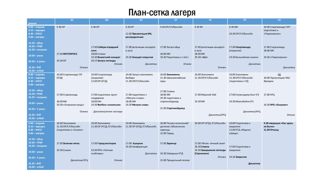 Шаблон план сетки в лагерь