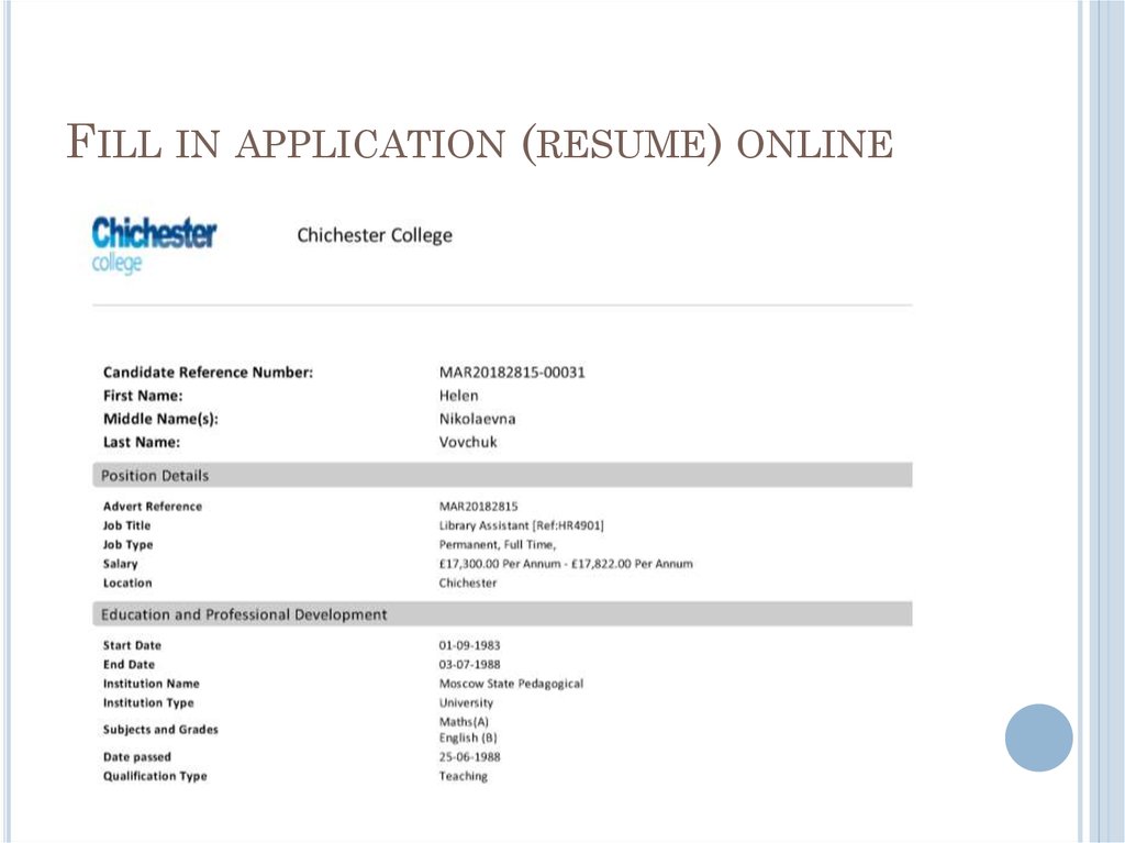 Fill in application (resume) online