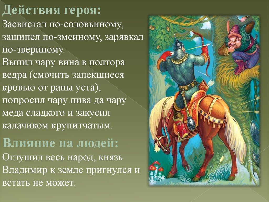 Засвистал. Персонаж в действии. Образ соловья разбойника. Герой действий. Любое действие героев из сказки.