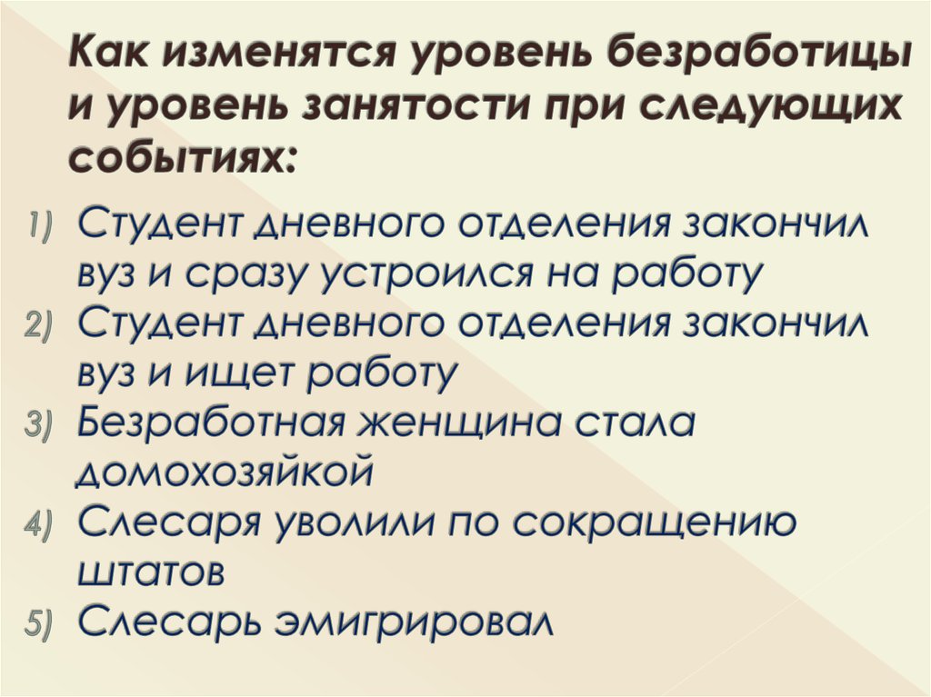 Как изменятся уровень безработицы и уровень занятости при следующих событиях: