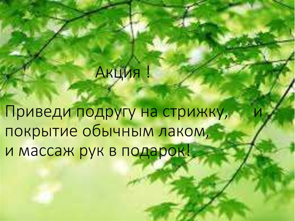 Акция ! Приведи подругу на стрижку, и покрытие обычным лаком, и массаж рук в подарок!