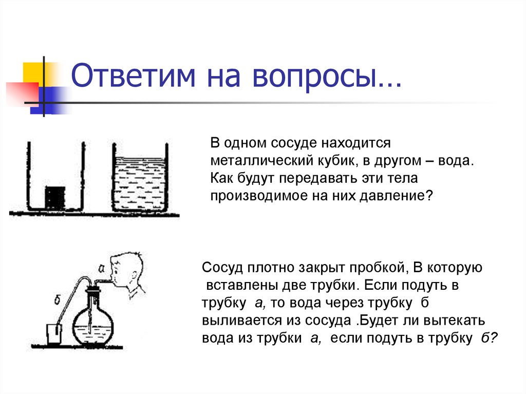 В сосудах находилась вода. Давление в закрытом сосуде. Давление на закрытый сосуд. Давление на кубик в воде. Вопросы по теме давление газа.