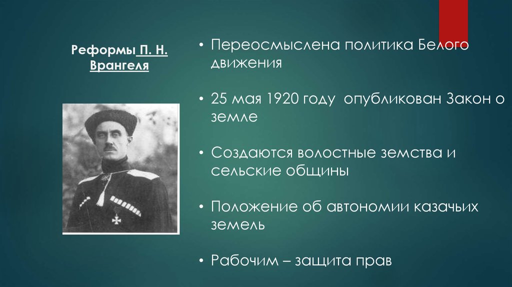 Политика н п. Врангель п н 1920. Реформы Врангеля. Политика Врангеля. Политика белого движения.