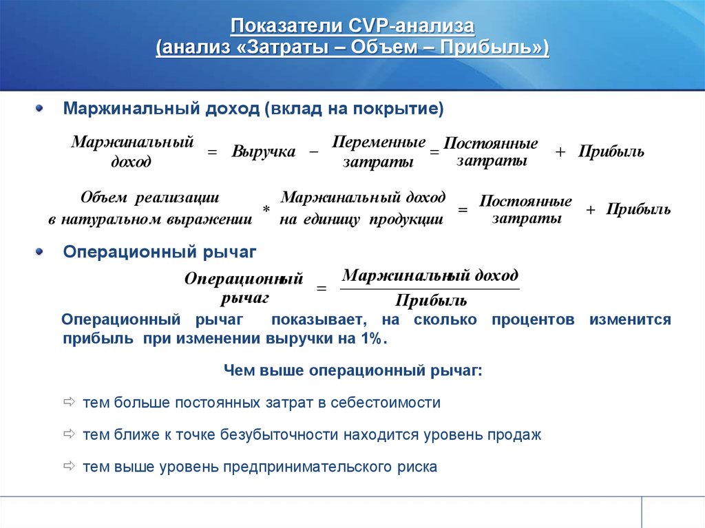 Затраты объем прибыль формула