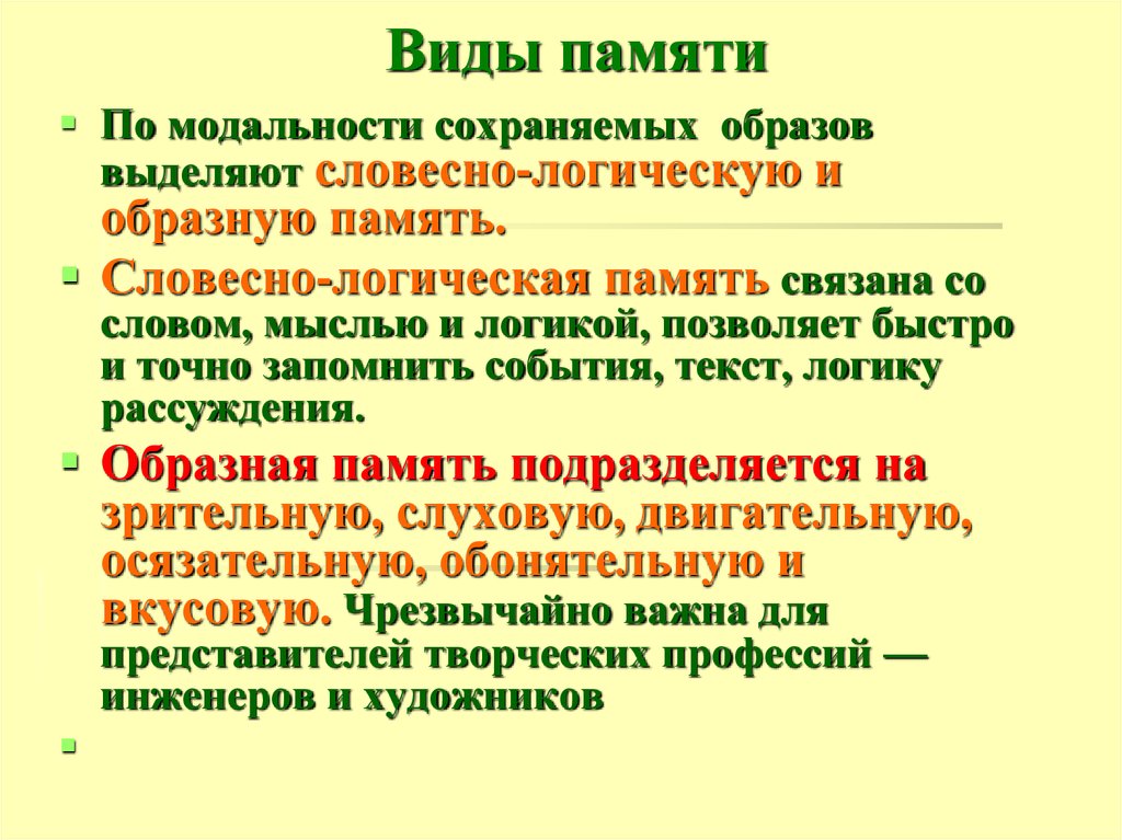 Словесно логическая память это. Виды памяти по модальности. Память теория памяти виды памяти. Виды памяти по сенсорной модальности. Закономерность памяти словесно логическая.