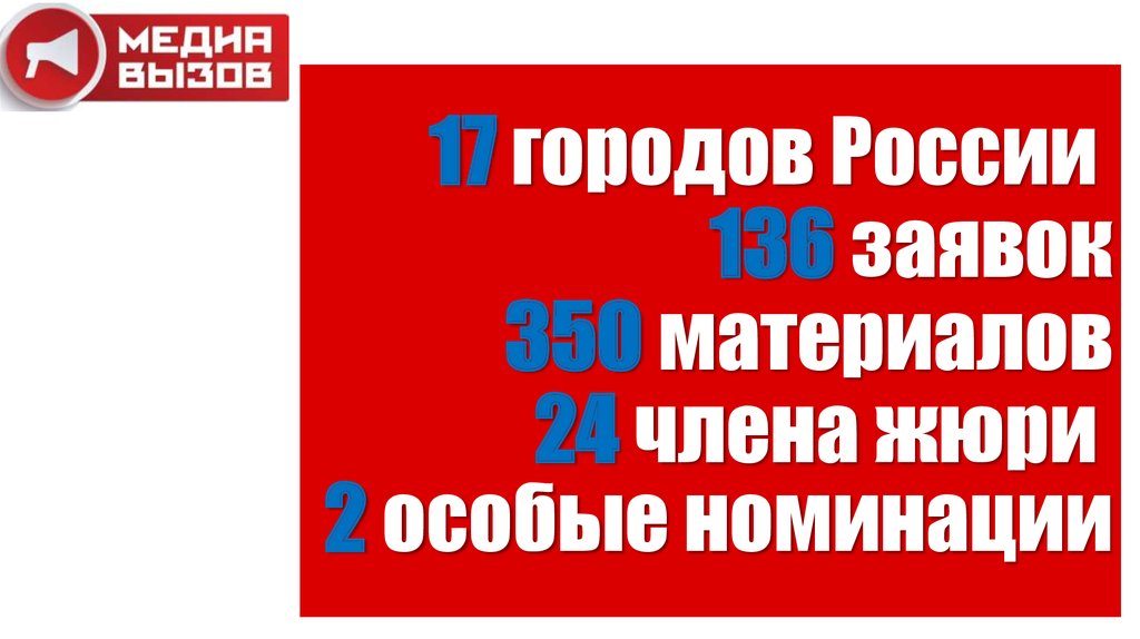 17 городов России  136 заявок 350 материалов 24 члена жюри  2 особые номинации
