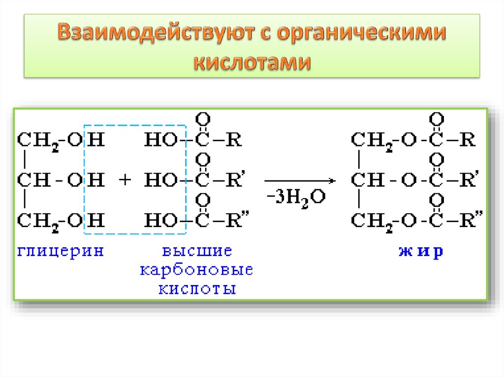 Взаимодействие глицерина с водой. Глицерин с органическими кислотами. Взаимодействие спиртов с кислотами.