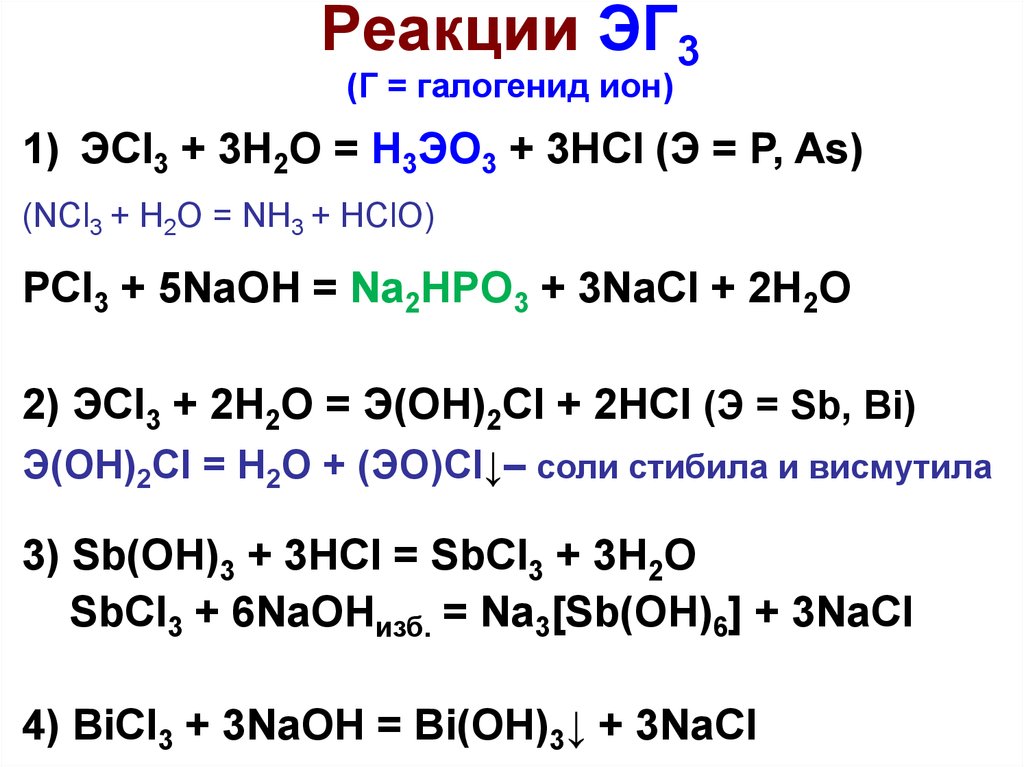 Реакции ЭГ3 (Г = галогенид ион)
