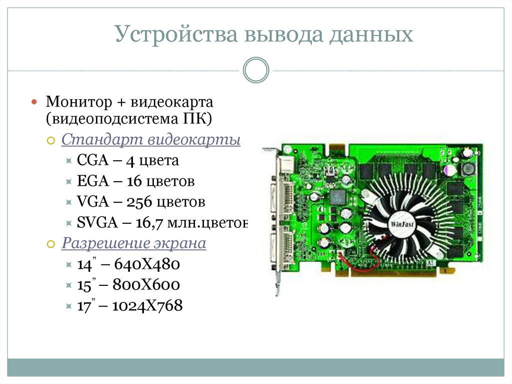 Устройства обмена данными. Стандарты видеокарт. Устройства вывода видеокарта. Стандарты видеоадаптеров. Видеокарта Назначение устройства и характеристики.