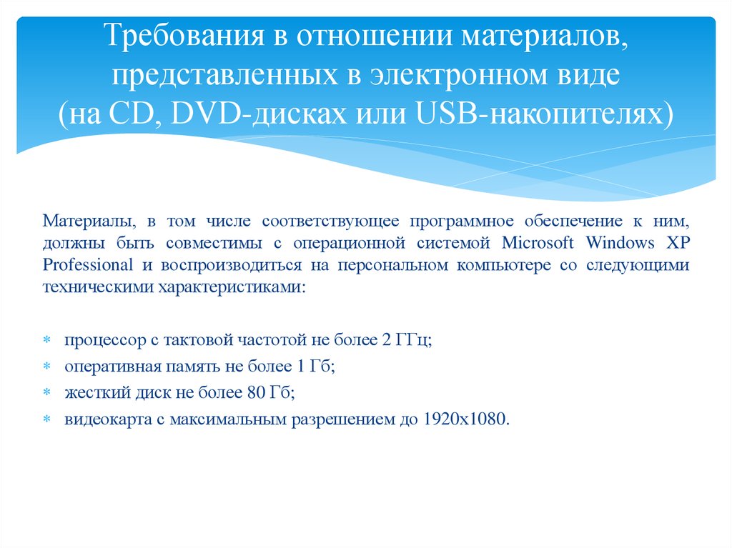 Требования в отношении материалов, представленных в электронном виде (на CD, DVD-дисках или USB-накопителях)