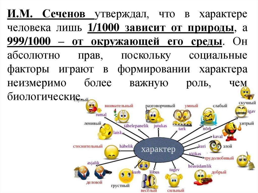 Поскольку социальный. Характер и темперамент Сеченов. Сеченов утверждал, что в … Человека от природы лишь 1/1000 часть.