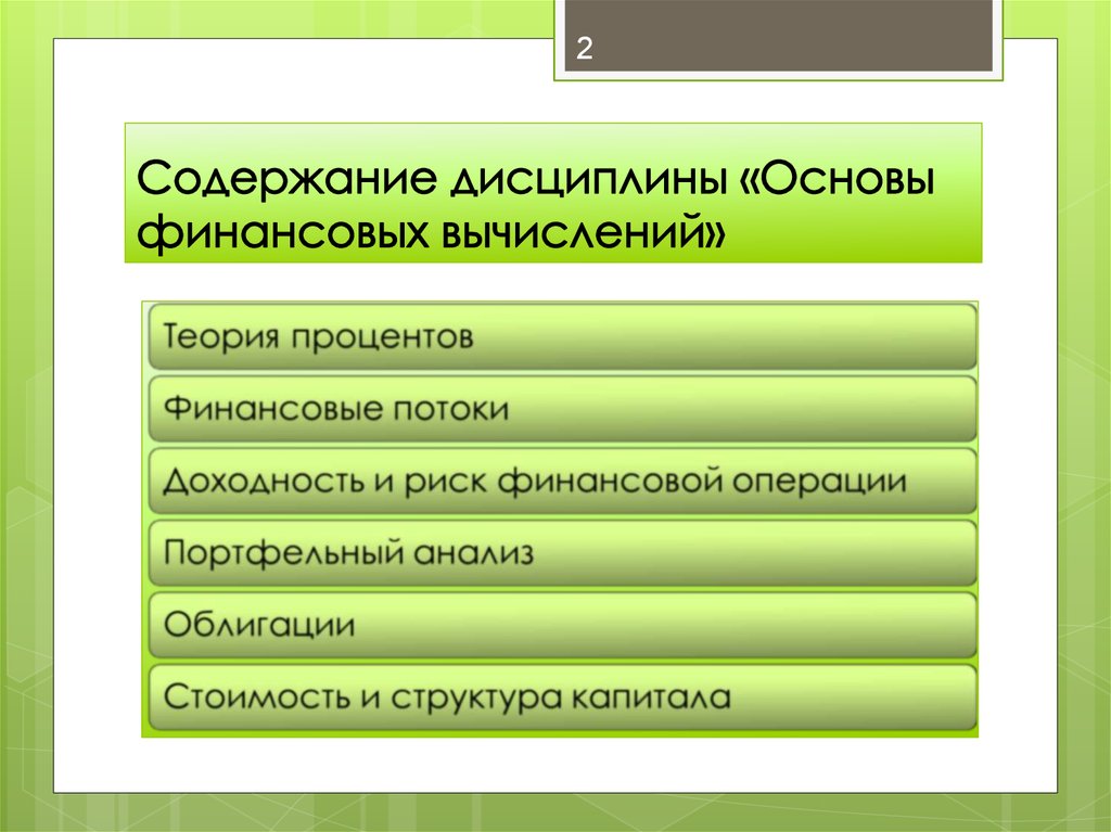 Это 2 содержание. Основы финансовых вычислений. Основы дисциплины. Основа финансовой дисциплины. Теоретические основы финансовых вычислений.