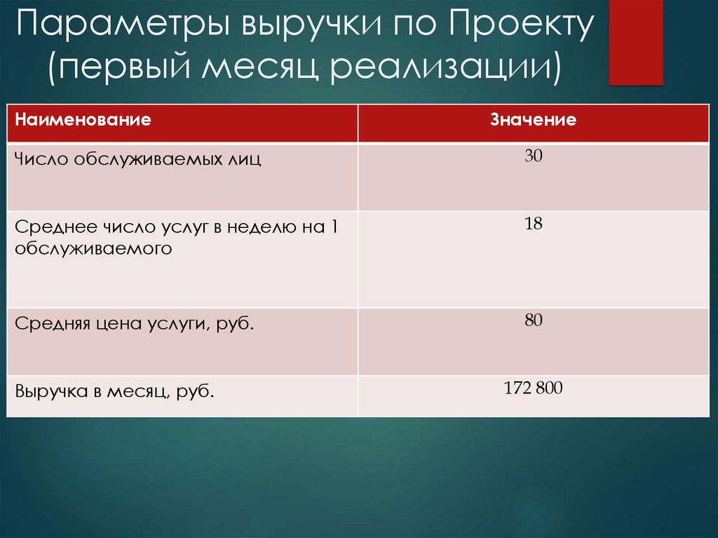 Параметры выручки по Проекту (первый месяц реализации)
