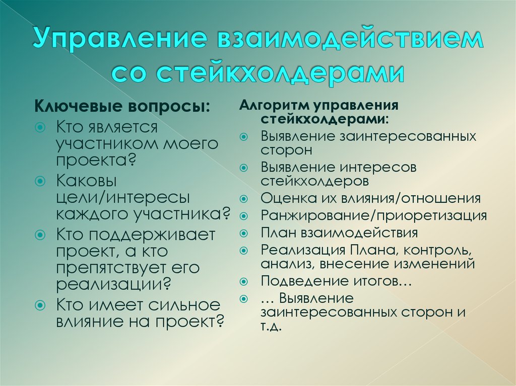 Управление взаимодействием. Взаимодействие со стейкхолдерами. Методы взаимодействия со стейкхолдерами. Оценка взаимодействия со стейкхолдерами. Стратегические цели взаимодействия со стейкхолдерами.