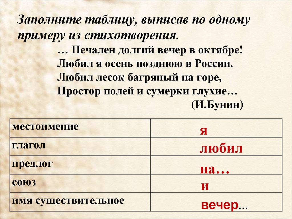 Выписать таблицу. Печален долгий вечер в октябре. Бунин печален долгий вечер в октябре. Печален долгий вечер в октябре любил. Печален долгий вечер в октябре любил я осень.