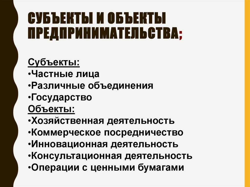 Выберите объекты предпринимательской деятельности