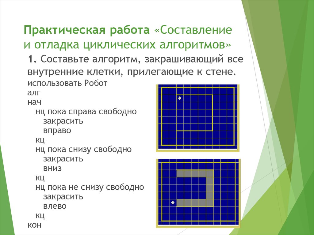 Практическая работа алгоритмы. Практическая работа составление алгоритма. Составление и отладка циклических алгоритмов. Составьте алгоритм закрашивающий все внутренние клетки. Составьте алгоритм закрашивания всех клеток.