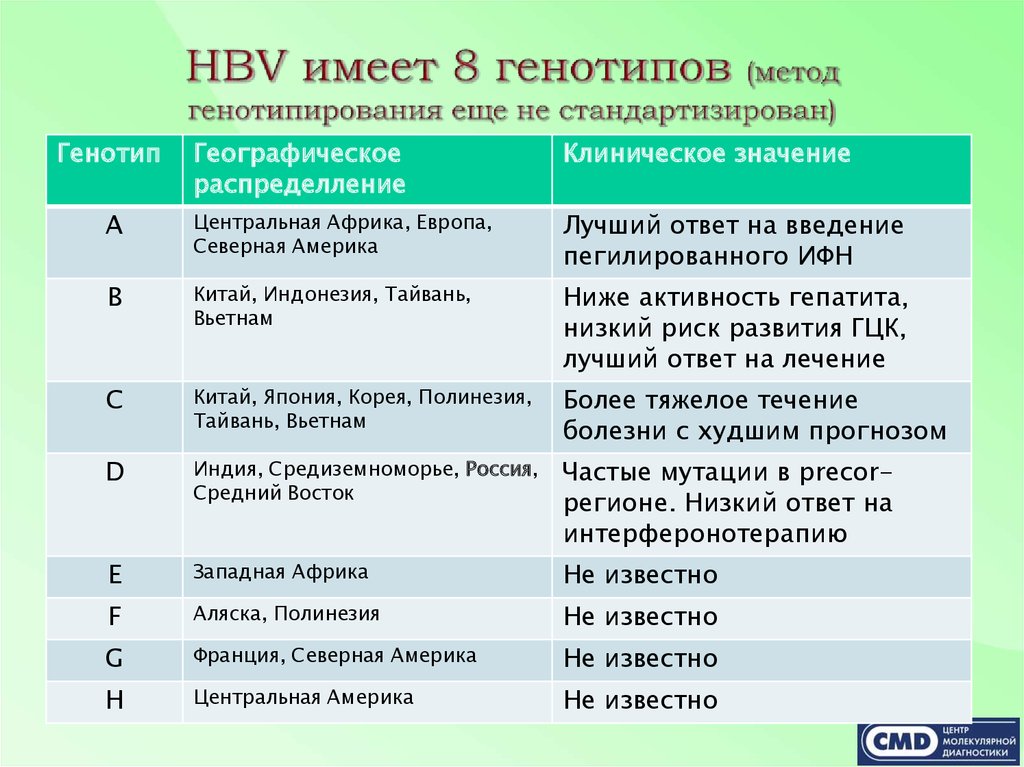 HBV имеет 8 генотипов (метод генотипирования еще не стандартизирован)