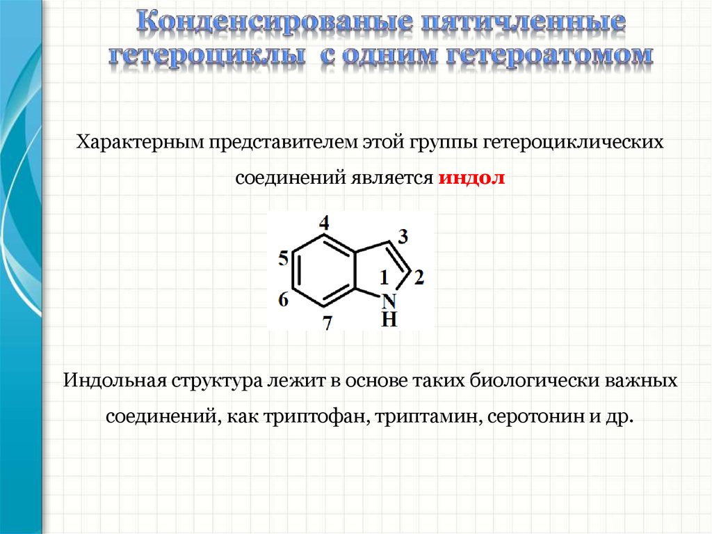 Пятичленные гетероциклы с одним гетероатомом. Азотсодержащие гетероциклические соединения. Пятичленные гетероциклы с одним гетероатомом индол. Азотсодержащие гетероциклы.