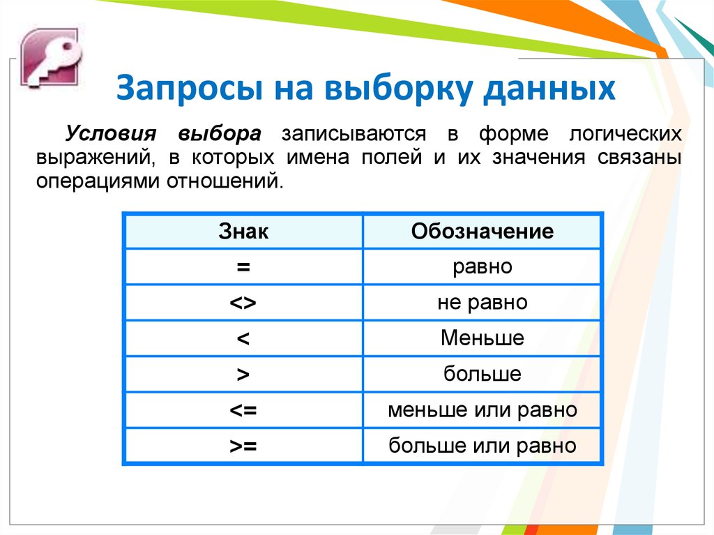 Условия выбора данных. Запросы на выборку данных. Запросы на выборку данных СУБД. Формирование запросов на выборку данных. Условия выбора СУБД.