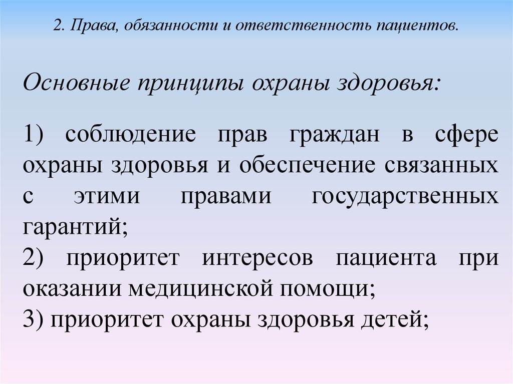 Основные принципы охраны здоровья. Соблюдение прав граждан в сфере охраны здоровья. Обязанности пациентов в сфере охраны здоровья. Обязанности пациента.