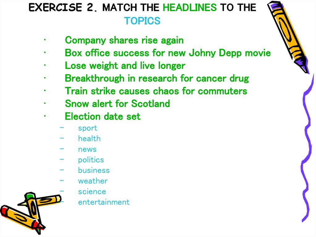 Match the headlines. Types of headlines. Как на русском Match the articles and headlines.