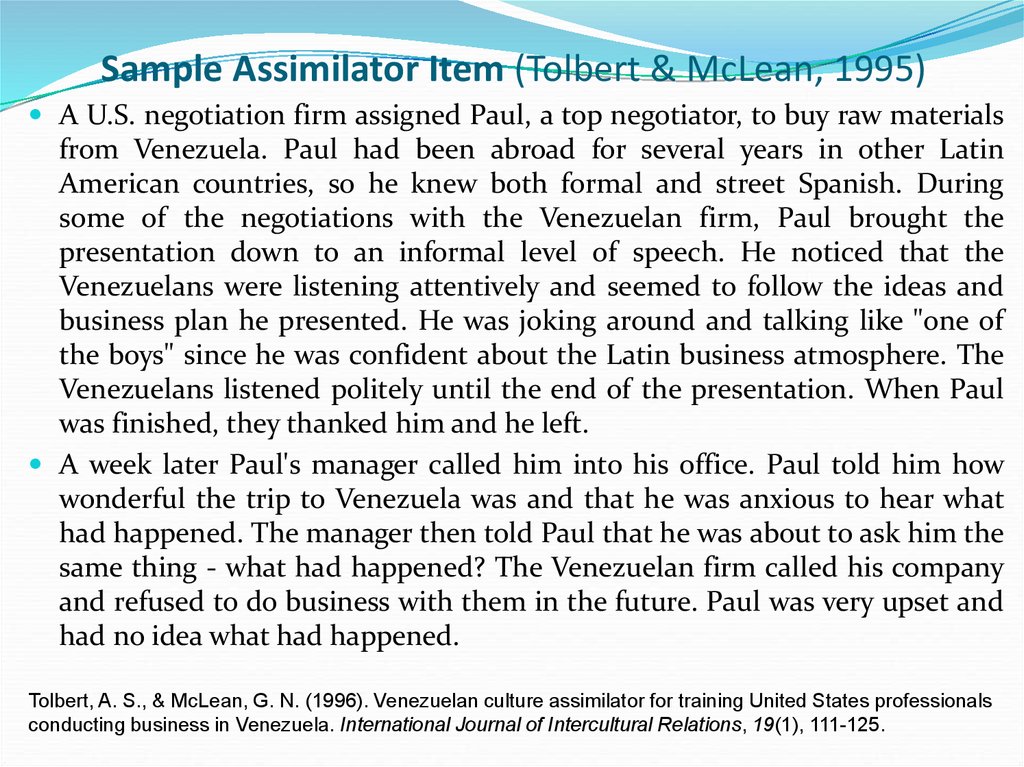 Sample Assimilator Item (Tolbert & McLean, 1995)