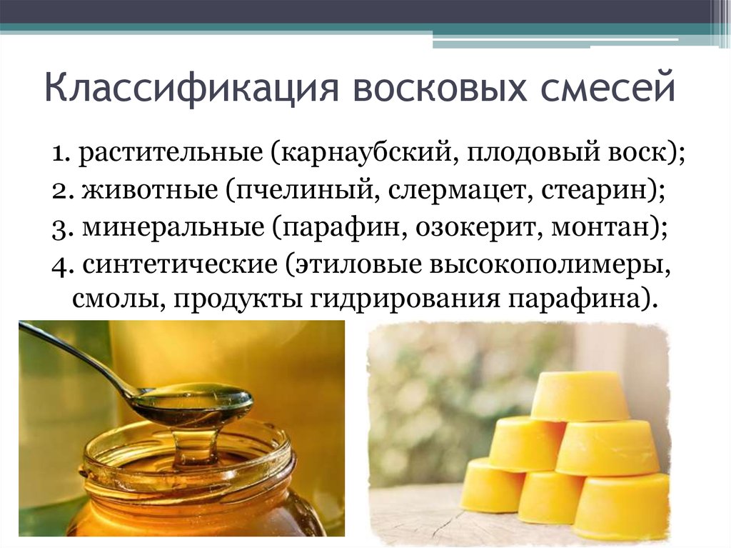 Примеры восков. Классификация восков. Разновидности воска. Пчелиный воск в промышленности. Растительные и животные воски.