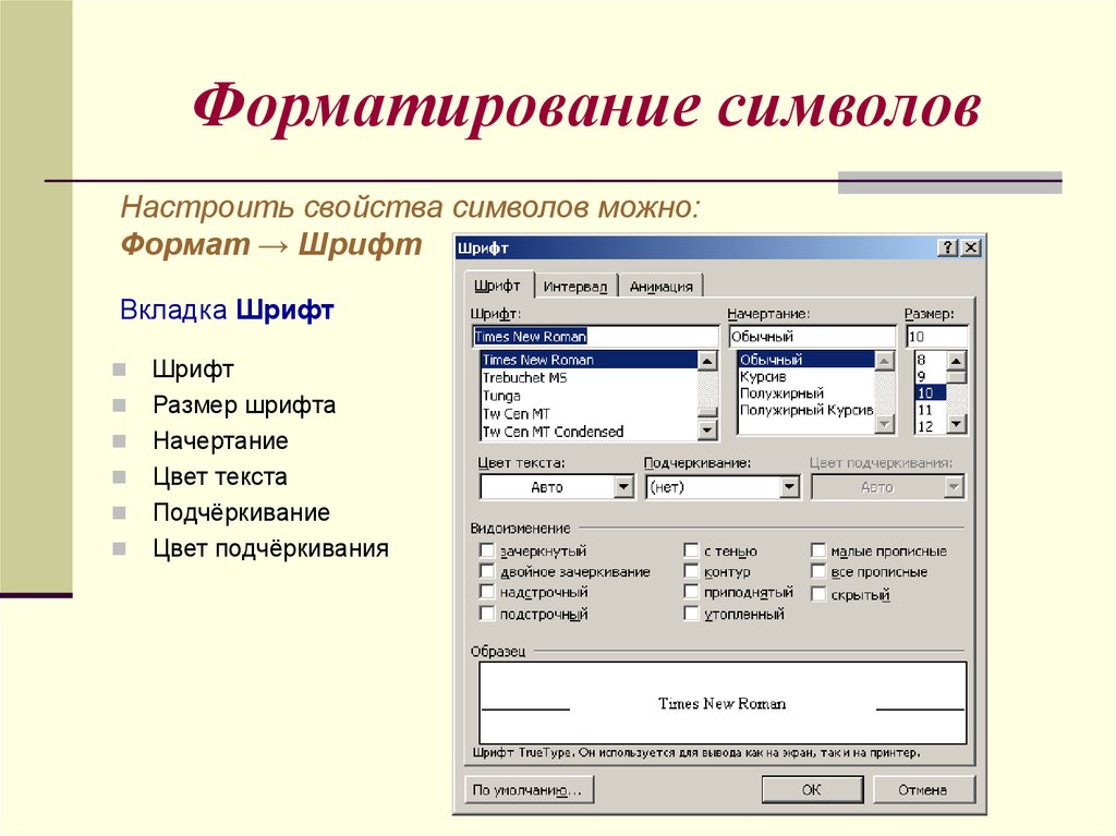 Соответствие между изображениями символов и кодами символов устанавливается с помощью форматирования