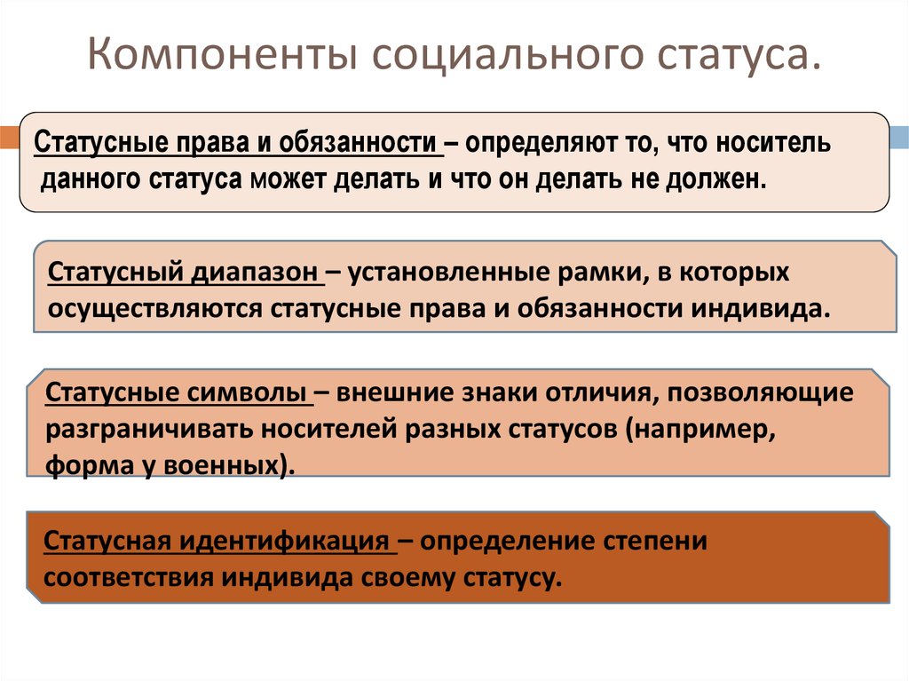 Определите социальное положение групп. Элементы социального статуса. Компоненты соц статуса. Статусные права и обязанности. Статусный диапазон.