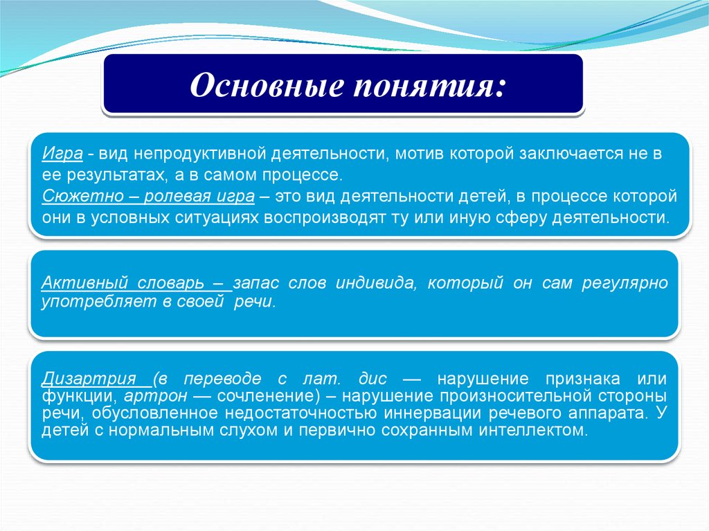 Понятие игра. Основные понятия игры. Непродуктивные виды деятельности дошкольников. Вид деятельности,мотив которого заключается в самом процессе.