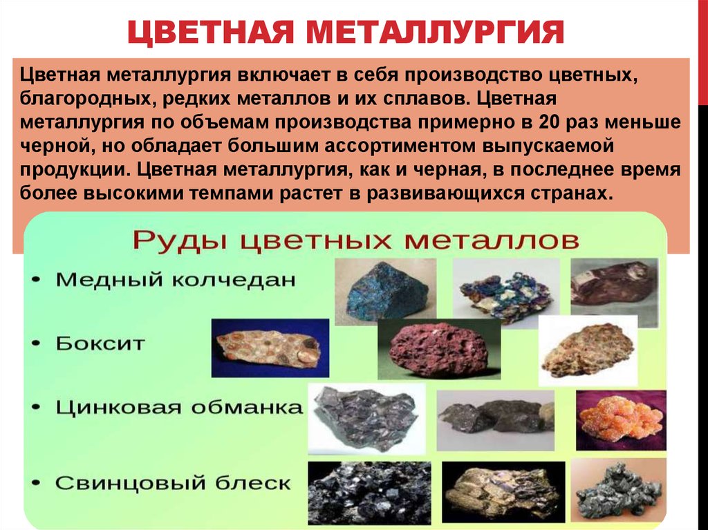 Особенности цветных металлов являются. Продукция цветной металлургии. Выпускаемая продукция цветной металлургии. Продукция цветной металлургии Урала. Руды цветных металлов.