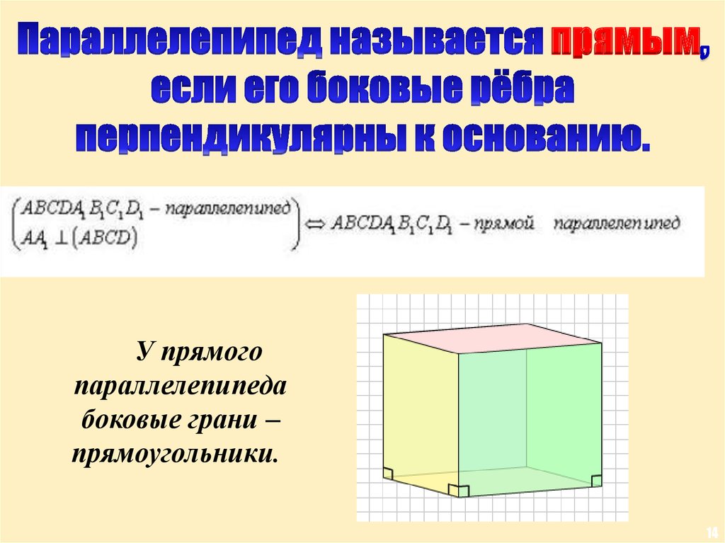 Составляющие параллелепипеда. Рёбра параллелепипеда перпендикулярны его основанию. Боковое ребро параллелепипеда. Прямой параллелепипед. Боковые грани прямоугольного параллелепипеда.