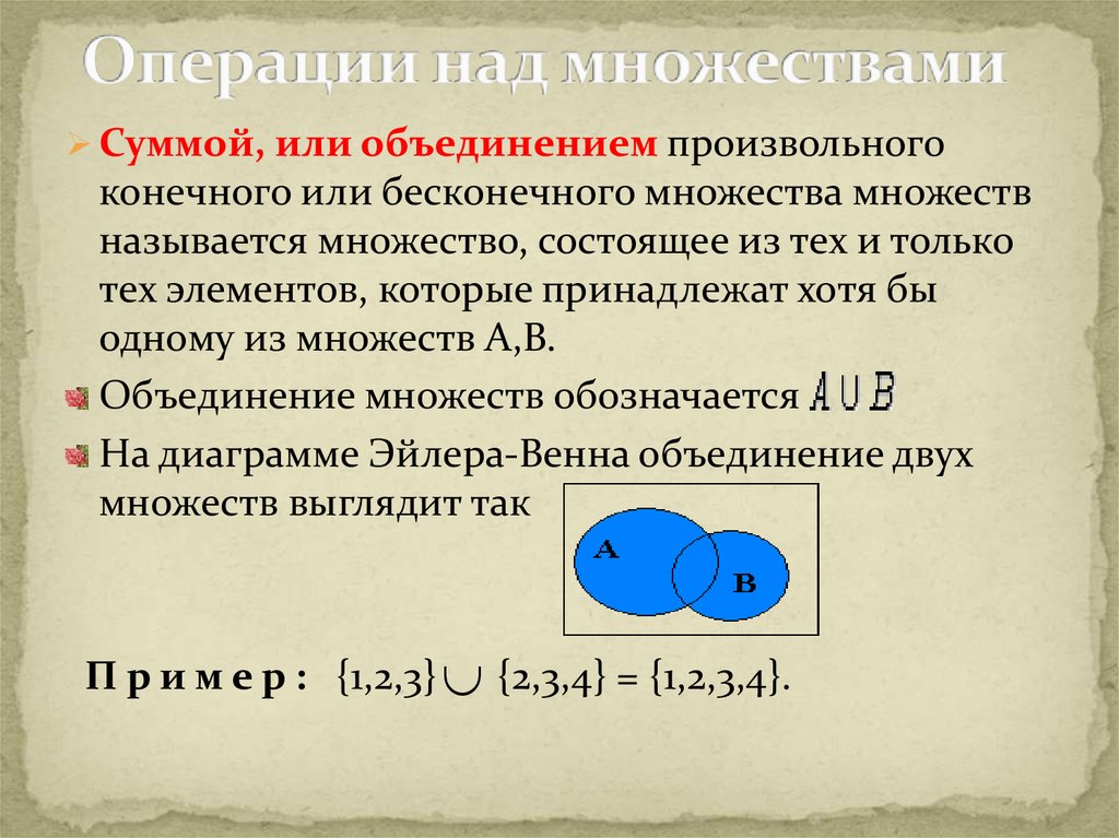 Открытое множество. Операции над конечными множествами.. Объединение или сумма множеств. Понятие открытого множества. Примеры бесконечных множеств.