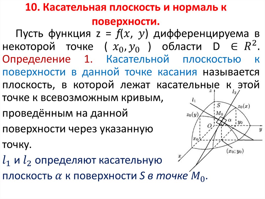 Касательная к поверхности. Касательная плоскость и нормаль к поверхности. Уравнение касательной плоскости заданной неявно. Уравнение касательной двух переменных. Уравнение касательной плоскости функции двух переменных.