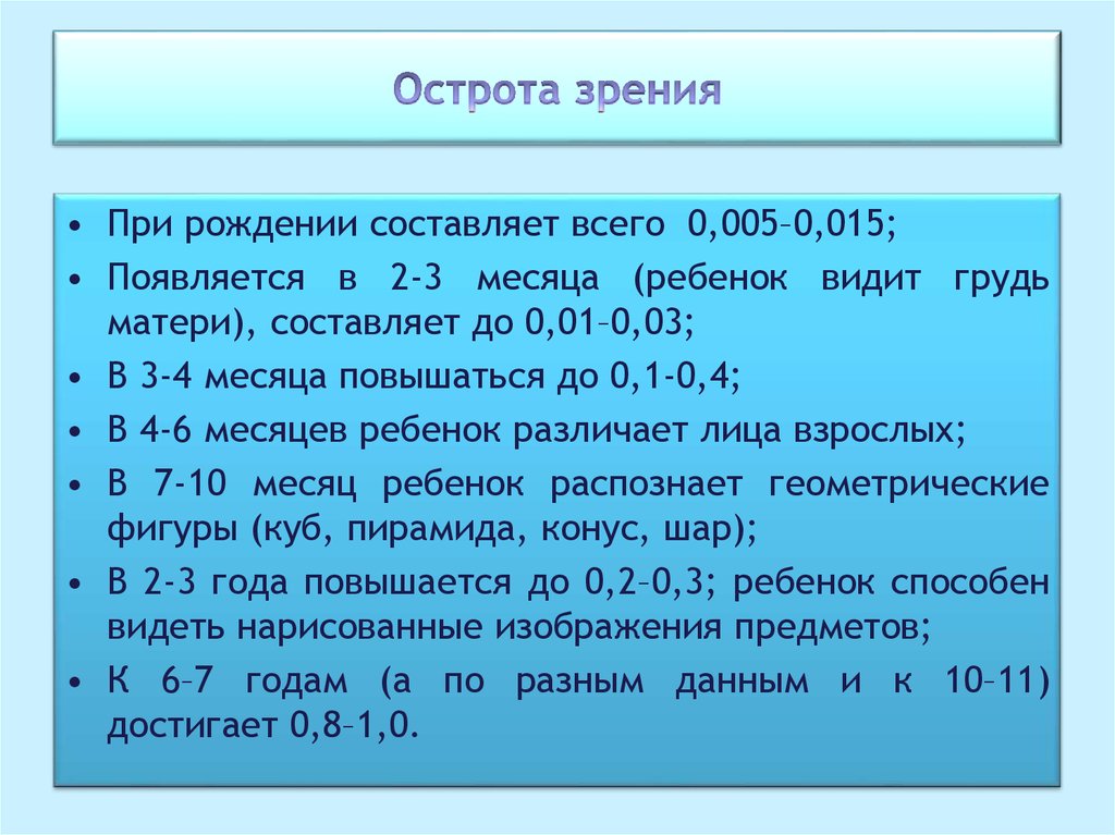 Острота зрения. Возрастные изменения остроты зрения. Возрастная таблица остроты зрения. Возрастные особенности зрения. Особенности зрения у детей различного возраста..