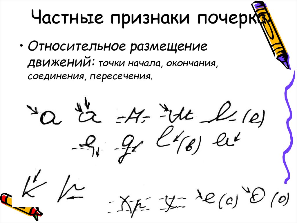 Индивидуальный признак. Угловатая форма движения почерка. Размещение движений почерка криминалистика. Вид соединения почерка. Частные признаки почерка.