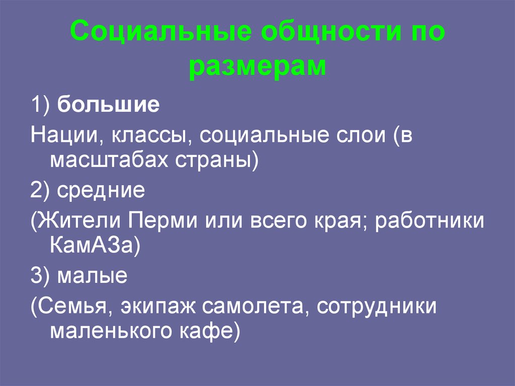 Социальные слои семьи. Общности по размерам.